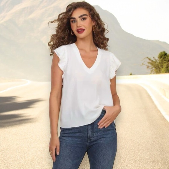 Fantastic Fawn Vanilla Smocked Flutter Sleeve V Neck Tee - Picture 5 of 14